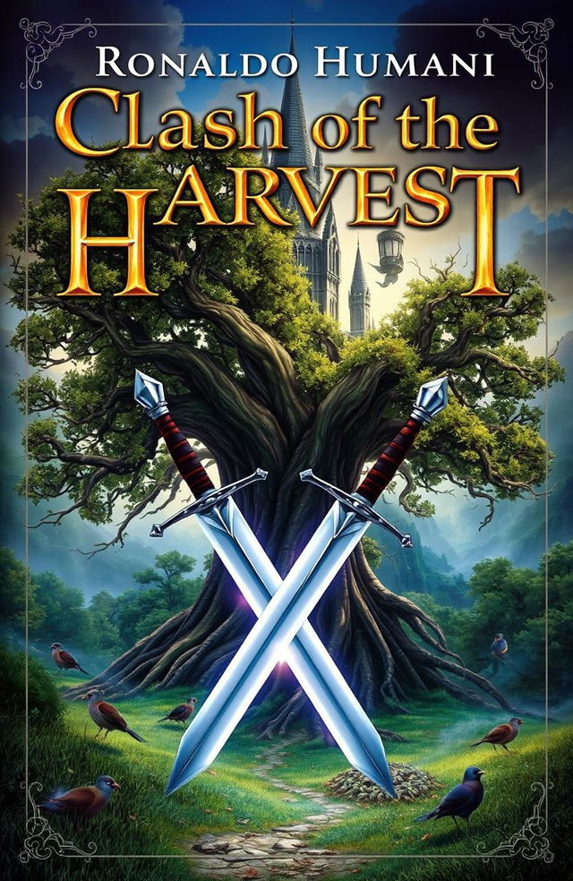 A fantastical book cover featuring two swords crossed in an X shape at the center, with a large, majestic tree standing between them