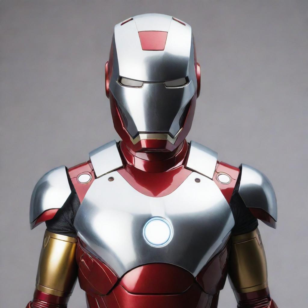 An Atompunk incarnation of Iron Man's suit, paying tribute to the retro-futurism of the atomic age. It encompasses a sleek, streamlined silhouette, chrome trimming, atomic motifs, bubble helmet, and a chest piece resembling a classic representation of an atom