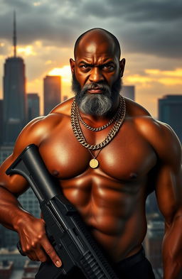 An angry, well-built, bare-chested black man with streaks of grey in his beard, wearing multiple gold chains around his neck, holding an assault rifle confidently