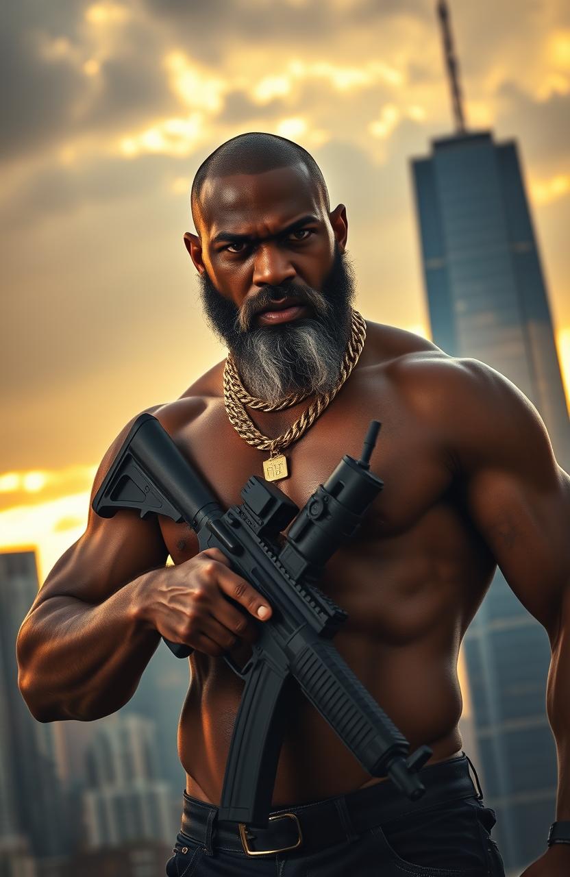 An angry, well-built, bare-chested black man with streaks of grey in his beard, wearing multiple gold chains around his neck, holding an assault rifle confidently