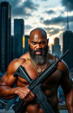 An angry, well-built, bare-chested black man with streaks of grey in his beard, wearing multiple gold chains around his neck, holding an assault rifle confidently