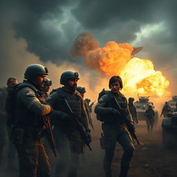 A dramatic scene depicting soldiers on a battlefield, engaged in action amidst a smoky environment