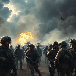 A dramatic scene depicting soldiers on a battlefield, engaged in action amidst a smoky environment