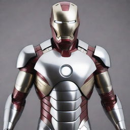 An Atompunk incarnation of Iron Man's suit, paying tribute to the retro-futurism of the atomic age. It encompasses a sleek, streamlined silhouette, chrome trimming, atomic motifs, bubble helmet, and a chest piece resembling a classic representation of an atom