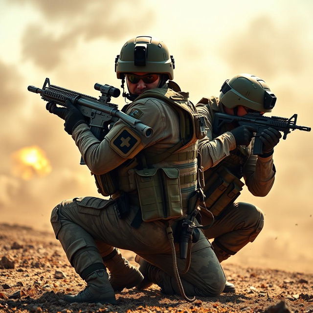 A dynamic and intense scene featuring two soldiers in a battlefield, working in perfect synchronization, each covering the other's back while firing their weapons