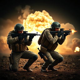 A dynamic and intense scene featuring two soldiers in a battlefield, working in perfect synchronization, each covering the other's back while firing their weapons