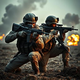 A dynamic and intense scene featuring two soldiers in a battlefield, working in perfect synchronization, each covering the other's back while firing their weapons