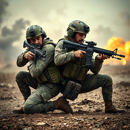 A dynamic and intense scene featuring two soldiers in a battlefield, working in perfect synchronization, each covering the other's back while firing their weapons