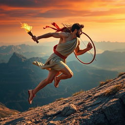 A distant side view of Pheidippides, the Greek messenger, sprinting down a high mountain in a wide-angle perspective