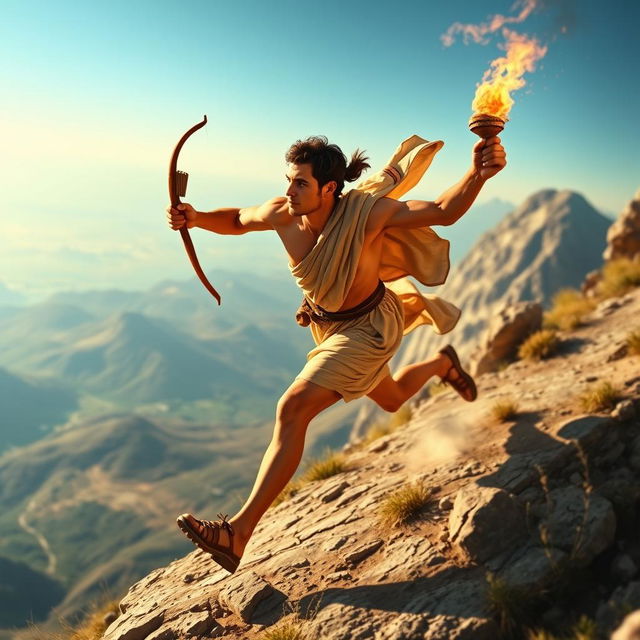 A distant side view of Pheidippides, the Greek messenger, sprinting down a high mountain in a wide-angle perspective