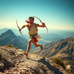 A distant side view of Pheidippides, the Greek messenger, sprinting down a high mountain in a wide-angle perspective