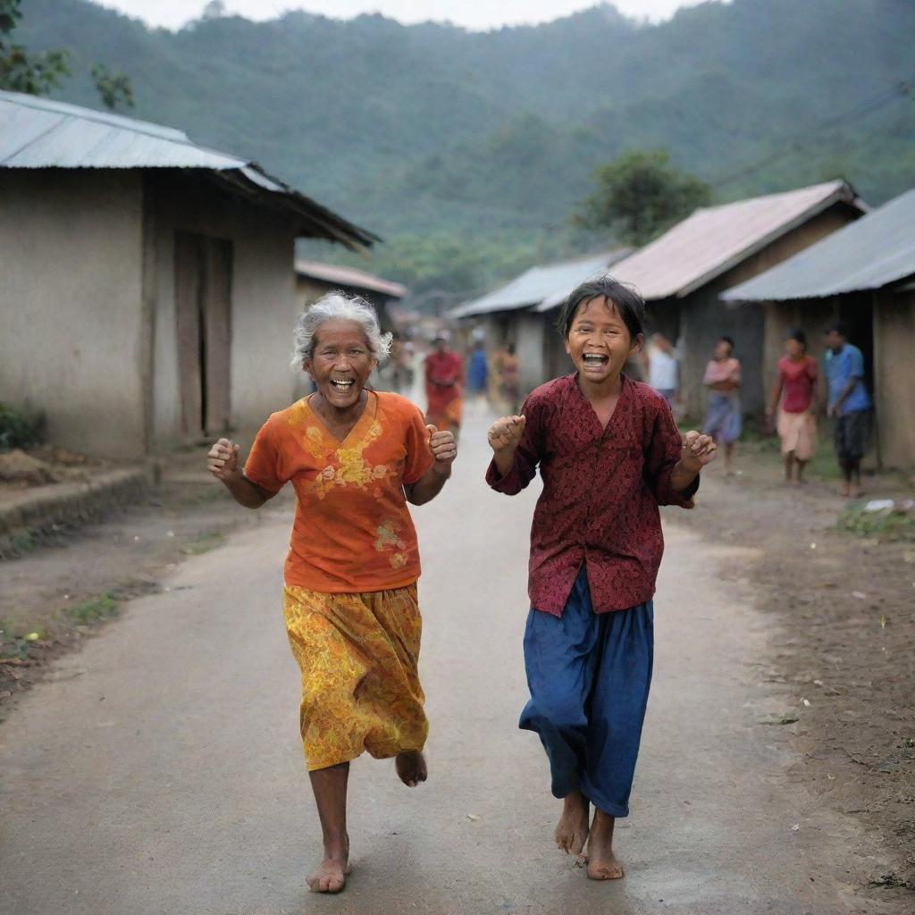 In stark contrast to the city, villagers are joyful in their untouched village, celebrating their fortune of escaping the devastating tsunami. Their expressions of relief and happiness paint a vivid dichotomy in the aftermath of the disaster.