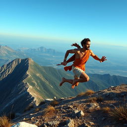 A distant side view of Pheidippides, the Greek messenger, sprinting down a high mountain in a wide-angle perspective