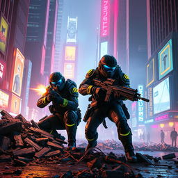 An electrifying scene featuring two soldiers in a cyberpunk-themed battlefield, working in seamless synchronization as they shoot from cover