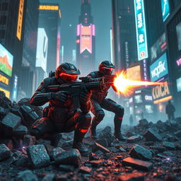 An electrifying scene featuring two soldiers in a cyberpunk-themed battlefield, working in seamless synchronization as they shoot from cover