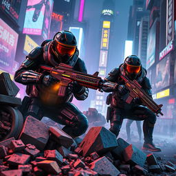 An electrifying scene featuring two soldiers in a cyberpunk-themed battlefield, working in seamless synchronization as they shoot from cover