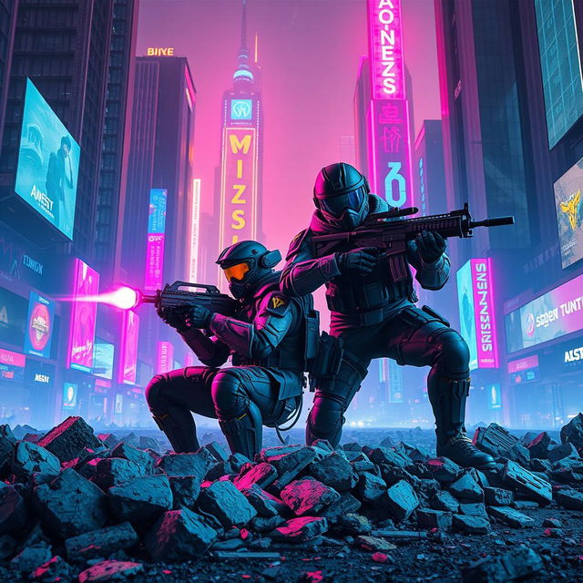 An electrifying scene featuring two soldiers in a cyberpunk-themed battlefield, working in seamless synchronization as they shoot from cover