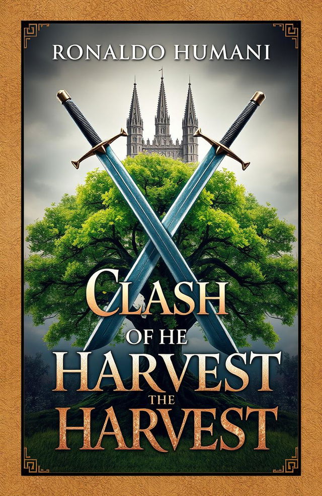 A striking fantasy book cover design featuring two swords crossed in an X shape, symbolizing conflict and strength