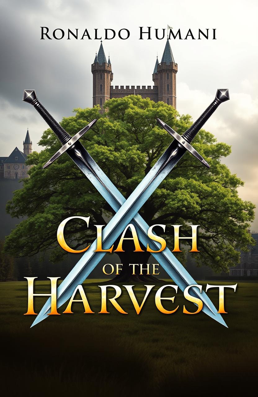 A striking fantasy book cover design featuring two swords crossed in an X shape, symbolizing conflict and strength