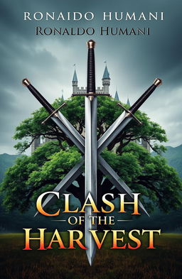 A striking fantasy book cover design featuring two swords crossed in an X shape, symbolizing conflict and strength