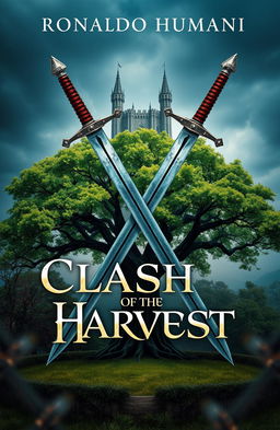 A striking fantasy book cover design featuring two swords crossed in an X shape, symbolizing conflict and strength