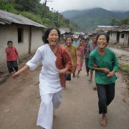 In stark contrast to the city, villagers are joyful in their untouched village, celebrating their fortune of escaping the devastating tsunami. Their expressions of relief and happiness paint a vivid dichotomy in the aftermath of the disaster.