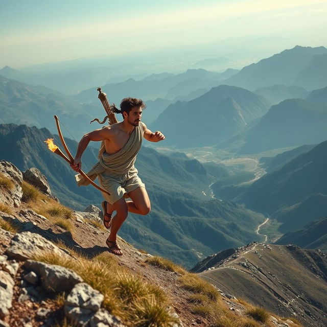 A distant side view of Pheidippides, the Greek messenger, sprinting down a high mountain in a wide-angle perspective