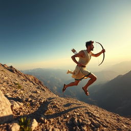 A distant side view of Pheidippides, the Greek messenger, sprinting down a high mountain in a wide-angle perspective