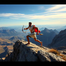 A distant side view of Pheidippides, the Greek messenger, sprinting down a high mountain in a wide-angle perspective