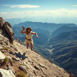 A distant side view of Pheidippides, the Greek messenger, sprinting down a high mountain in a wide-angle perspective