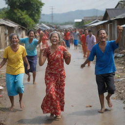 In stark contrast to the city, villagers are joyful in their untouched village, celebrating their fortune of escaping the devastating tsunami. Their expressions of relief and happiness paint a vivid dichotomy in the aftermath of the disaster.