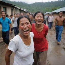 In stark contrast to the city, villagers are joyful in their untouched village, celebrating their fortune of escaping the devastating tsunami. Their expressions of relief and happiness paint a vivid dichotomy in the aftermath of the disaster.