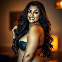A sensual and artistic portrayal of a beautiful, curvy woman confidently posing, showcasing her voluptuous figure