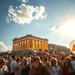 A majestic view of the Acropolis in Athens during a vibrant celebration