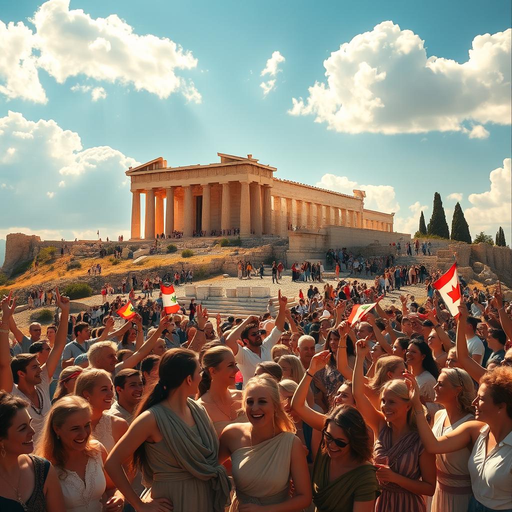 A majestic view of the Acropolis in Athens during a vibrant celebration