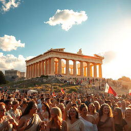 A majestic view of the Acropolis in Athens during a vibrant celebration