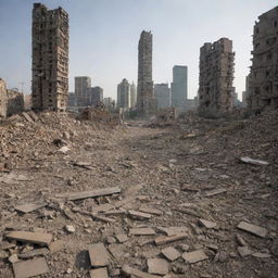 Three years later, the damaged cityscape begins to transform again. The rubble has been cleared, and new, stubborn skyscrapers rise from the ruins, reflecting the resilience and hope of its citizens for a recovered future.