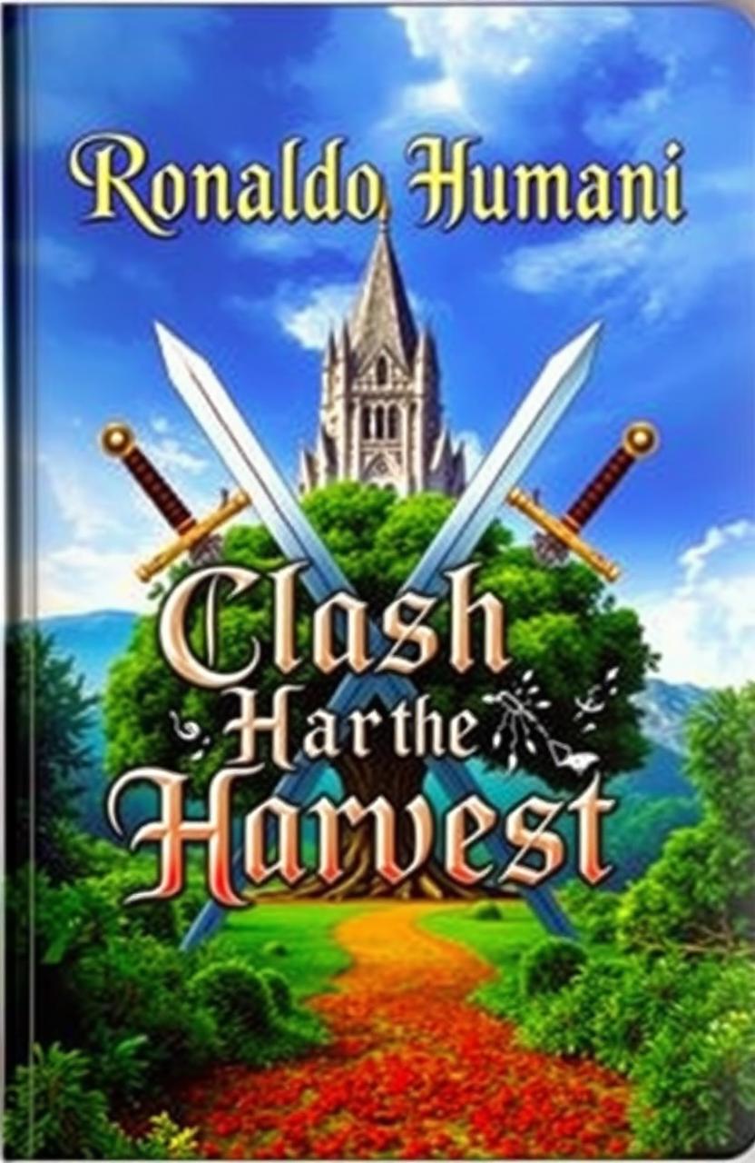 A fantasy-themed book cover featuring two swords crossed in an X shape, with a large tree in the center