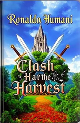 A fantasy-themed book cover featuring two swords crossed in an X shape, with a large tree in the center