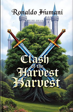 A fantasy-themed book cover featuring two swords crossed in an X shape, with a large tree in the center