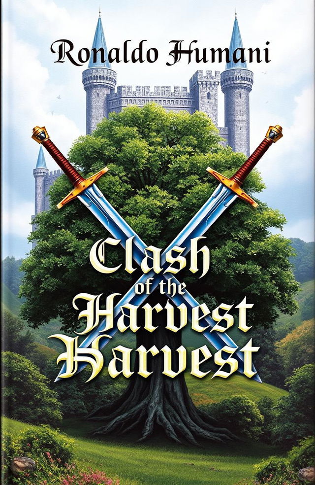 A fantasy-themed book cover featuring two swords crossed in an X shape, with a large tree in the center