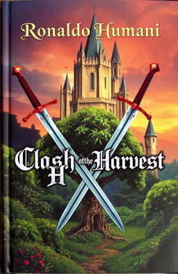 A fantasy-themed book cover featuring two swords crossed in an X shape, with a large tree in the center
