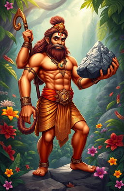 An epic illustration of Hanuman, the great monkey god from Hindu mythology, depicted in a vibrant, dynamic pose showcasing his immense strength and devotion