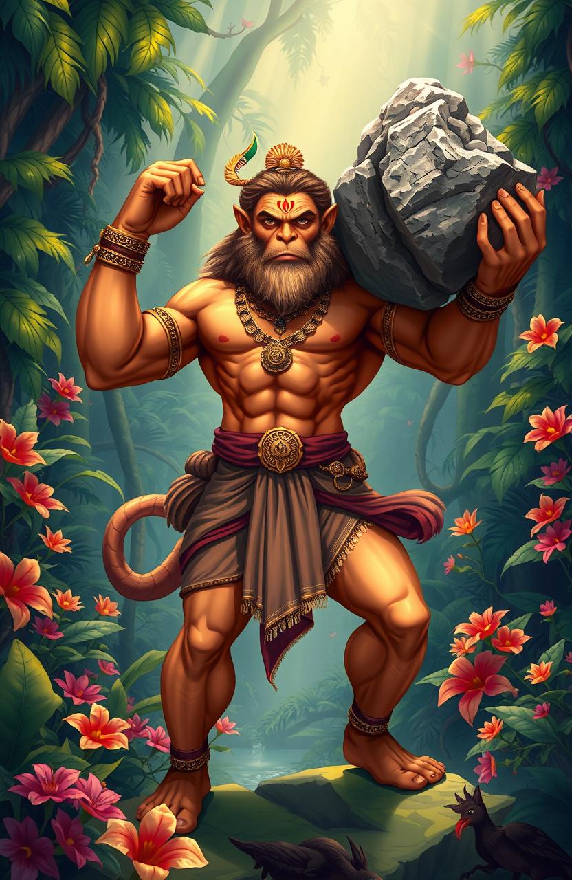 An epic illustration of Hanuman, the great monkey god from Hindu mythology, depicted in a vibrant, dynamic pose showcasing his immense strength and devotion