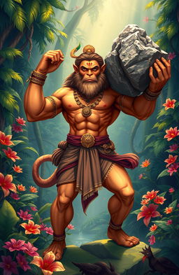 An epic illustration of Hanuman, the great monkey god from Hindu mythology, depicted in a vibrant, dynamic pose showcasing his immense strength and devotion