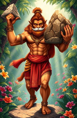An epic illustration of Hanuman, the great monkey god from Hindu mythology, depicted in a vibrant, dynamic pose showcasing his immense strength and devotion