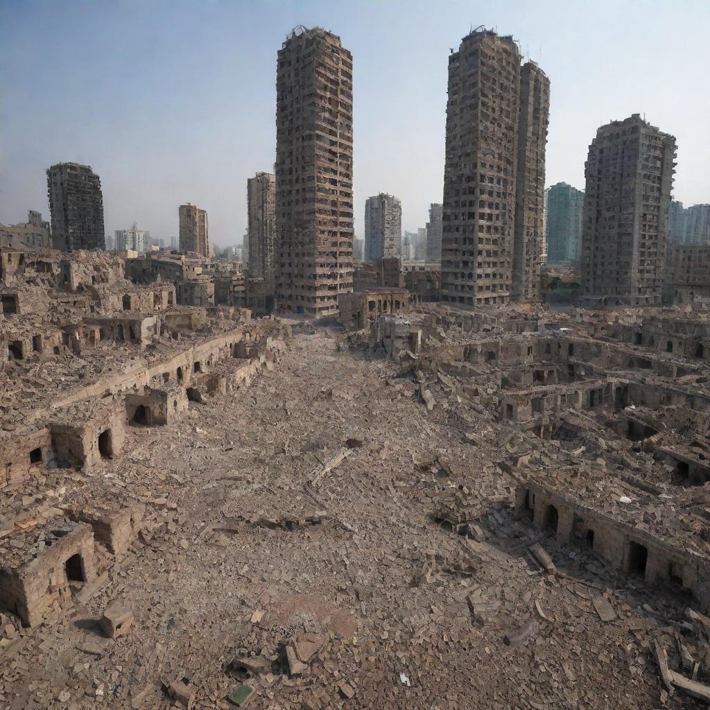 Three years later, the damaged cityscape begins to transform again. The rubble has been cleared, and new, stubborn skyscrapers rise from the ruins, reflecting the resilience and hope of its citizens for a recovered future.