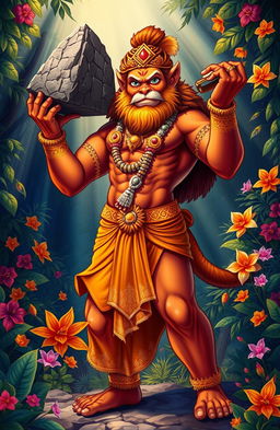 An epic illustration of Hanuman, the great monkey god from Hindu mythology, depicted in a vibrant, dynamic pose showcasing his immense strength and devotion