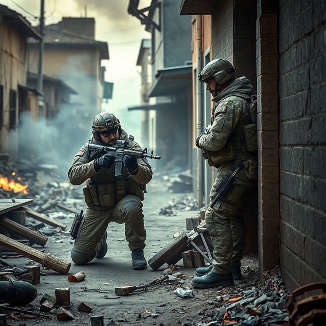 An intense scene depicting two soldiers engaged in combat inside a town battlefield, working together to provide mutual cover