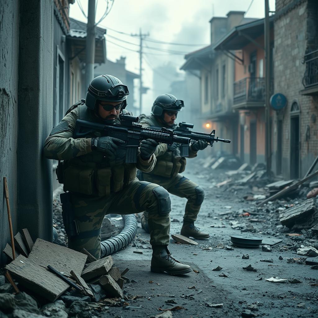 An intense scene depicting two soldiers engaged in combat inside a town battlefield, working together to provide mutual cover